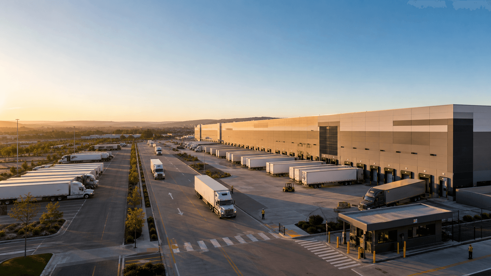 Modern distribution center with organized trucks at loading docks